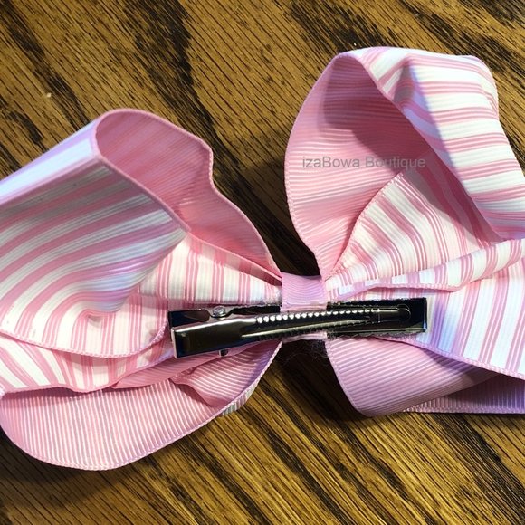 Pink 6" Stripe Boutique Bow HANDCRAFTED - Picture 2 of 2